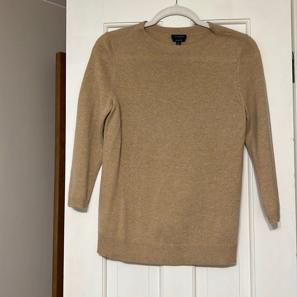 Camel colored pure cashmere 3 quarter length sleeve Talbots sweater. Like new.